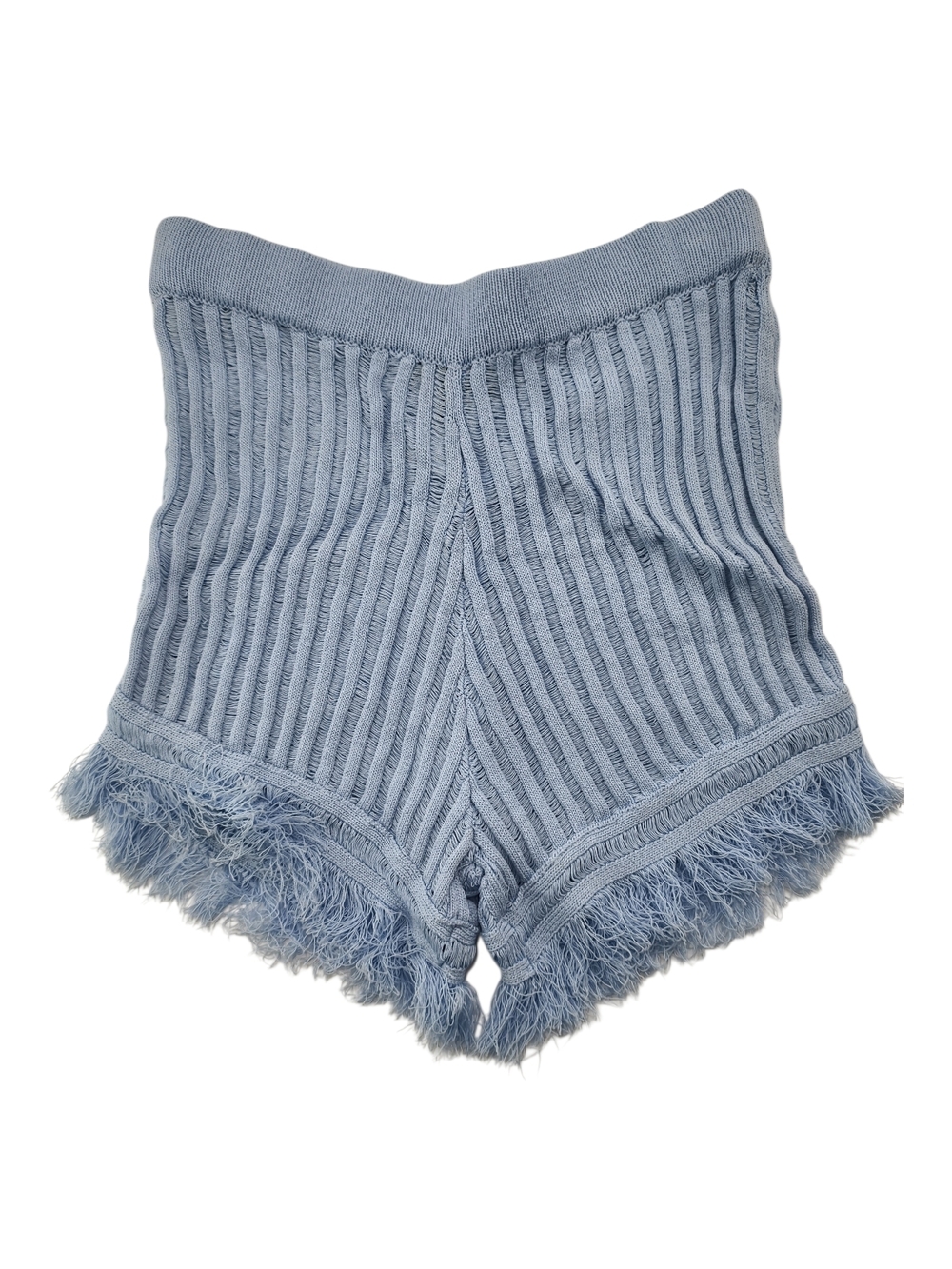 Hera Collection Knit Shorts Sky Blue High Waist Fringe Ribbed Womens M Boho